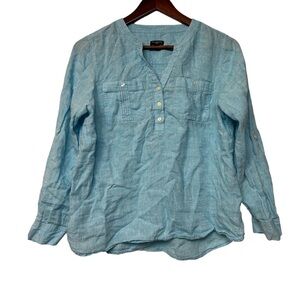 Talbots Washed 100% Linen Blue Tunic Top blouse size MP Resort Vacation Luxe